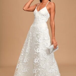 Lulus Magically Charming White Sequin Embroidered Lace-up Maxi Dress - Size S